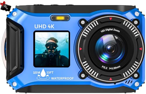Appareil photo numérique – Caméra sous-marine 4K 56 MP 10 m UHD pour plongée avec tuba avec carte de 32 Go, double écran, compact, étanche, résistant à la poussière – Appareil photo numérique