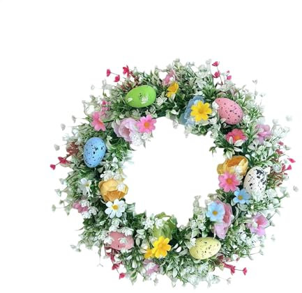 Couronne d'œufs de Pâques - 35 cm - Avec fleurs et œufs - ABS - Décoration de Pâques - Couronne de printemps - Couronne de printemps - Décoration de Pâques - Pour printemps, Pâques, fenêtre