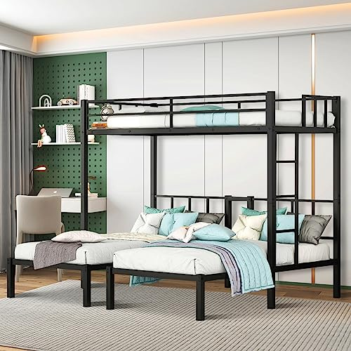 Ball & Cast Triple Twin Bunk Bed,Metal Can Be Separated Into 3 Twin Beds 1,Contemporary Bedframe w/Stairs and Full-Length Guard Rails,Slats Support,Bedroom Furniture for Adult Girl Teen,Black