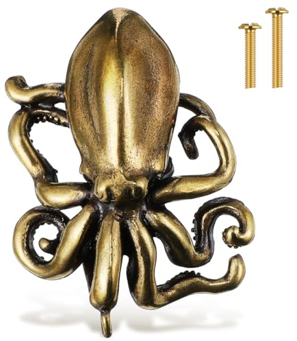 jojofuny Oktopus Möbelknöpfe Messing Vintage, Schrankgriffe Antik Tintenfisch Design, Octopus Schubladenknöpfe Griffe für Schrank Tür Kommode, Maritimer Türgriff Gebürstet