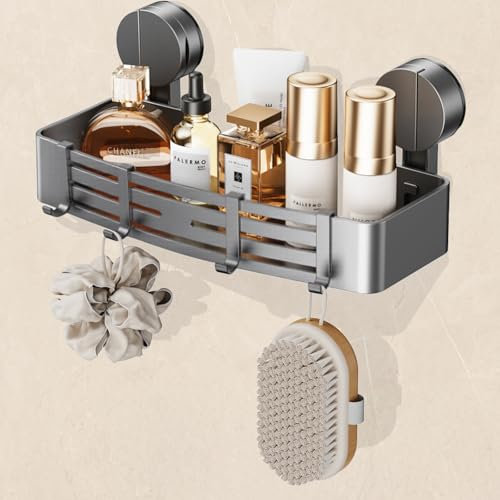 FERCOSEN Mensola da Doccia con Ventosa Senza Forare | 4 Ganci, Lunghezza 32 cm, Portata 10 kg, Installazione in 1 Minuto | Supporto per Shampoo Rimovibile e Antiruggine per Doccia
