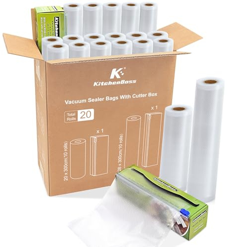 KitchenBoss Sacs Sous Vide Alimentaire 20 Rouleaux avec 2 Boîtes de Coupe：Rouleau Sous Vide Alimentaire 20 x 300 cm (10) + 28 x 300 cm (10), pour Machine Sous Vide et Cuiseurs Sous Vide