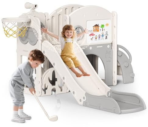 Kinderrutsche, Kleinkindrutsche mit Weihnachtselchmotiv Kleinkinderrutsche mit Golfset, Babyrutsche, Spielplatzgerät, für den Innen- und Außenbereich freistehend Babyrutsche (6-in-1 beige-grau)