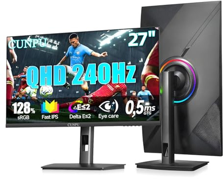 CUNPU Écran PC Gamer 240Hz 27 Pouces QHD(2560x1440) 240Hz Panneau IPS Rapide | Temps de Réponse 1ms (GTG) |, HDR | Adaptive Sync | 128% sRGB, Eye Care, ΔE＜2, HDMIx2, DPx2