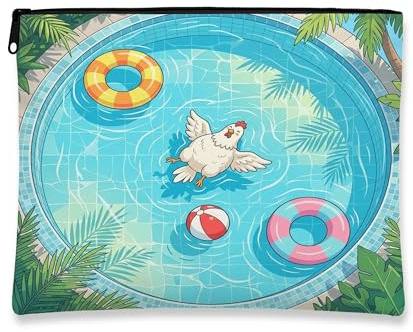 Chickens Chick Makeup Bag, Cute Pool Lifebuoys Tropical Printed Cosmetic Travel Pouch for Women, Animal Portable Small Canvas Zipper Organizer 7x9 Inch