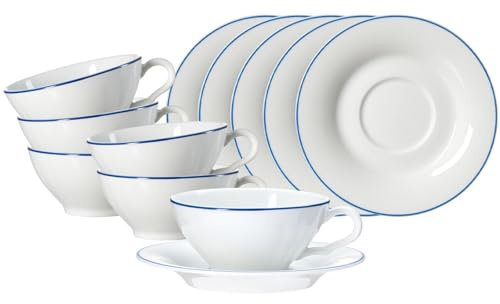 Ritzenhoff & Breker Ostfriese Teetassen mit Untertassen 6er Set, 100 ml, Flache Tassen mit Farbrand, Porzellan, Spülmaschinen- & Mikrowellenfest, Blau
