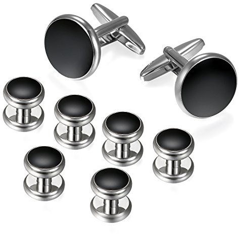 JewelryWe Schmuck Elegante Massive Herren Manschettenknöpfe Schwarz Silber rund, 1 Paar und 6 Stück Frackknöpfe