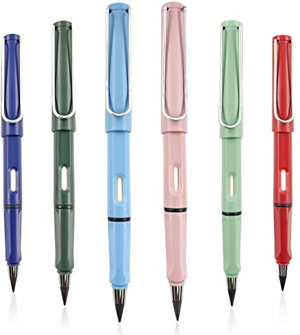 TOPPLAYER Tintenlose Bleistifte Ewig, 6Stück Ewiger Bleistift Wechselkopf, Tintenloser Stift mit Austauschbarem Graphitstift, Wiederverwendbar, Unendlicher Bleistift