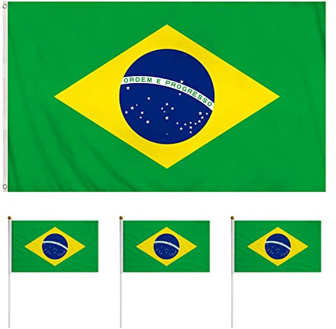 Brasilien-Flagge (90 x 150 cm), 3 Mini-Flaggen (14 x 21 cm), wasserdicht, sonnenbeständig, lichtecht, ideal für Sportveranstaltungen, Feiern und Partys