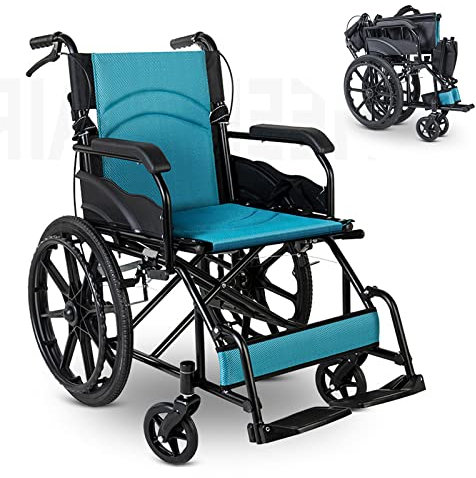 Faltbar Leicht Rollstuhl mit Trommelbremse, Leichtgewicht Reiserollstuhl, Schmaler Rollstuhl für Wohnung, Rollstühle mit Selbstantrieb, Transportrollstühle, Blau