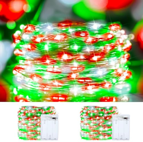 Christmas String Lights Red Green White Copper Wire, 2 Pack Total 200LED Fairy Lights Waterproof Twinkle Lights for Xmas, Bedroom, Garden, Patio, Outdoor Decor- Red White Green