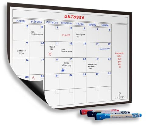 Previs Whiteboard Kalender A3 (40x30CM) mit 3 Löschbaren Markern - Magnet kalender - Kühlschrank Kalender - Monatsplaner Magnetisch - Magnet Kalender Kühlschrank - Monthly Planner