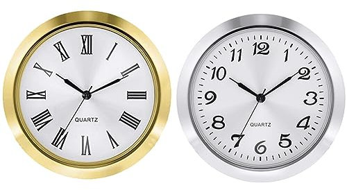 BYNYXI 55mm Uhr Einbau Rund Uhrwerk, 2PCS Quarz Uhrwerk Geräuschlos Einsteckuhr mit arabische Ziffern Quarzuhr Batteriebetrieben Miniatur Uhrwerk Vintage Uhreneinsatz Quarzuhr für Wohnzimmer Büro