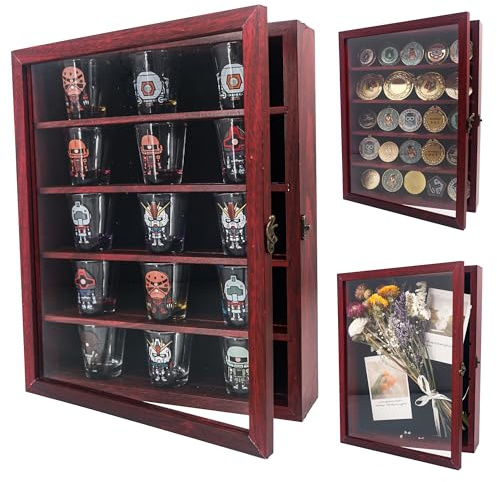 FramePro 11x14 Display Case with Adjustable Shelves Cherry, 4-Tier Memory Shadow Box for Wall, Deep Wooden Keepsake Display Shelf with Locking Door for Memorabilia, Photos, Medals, Wedding, Home Decor