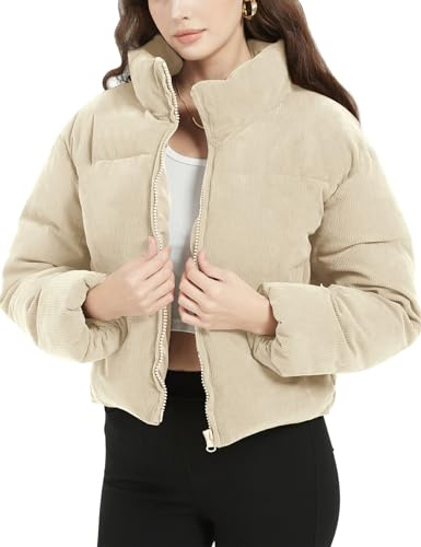 Flygo Cropped-Kordsamt-Pufferjacke für Damen, Winterjacke, warm, langärmelig, Reißverschluss, gesteppt, Daunenmantel, Beige, M