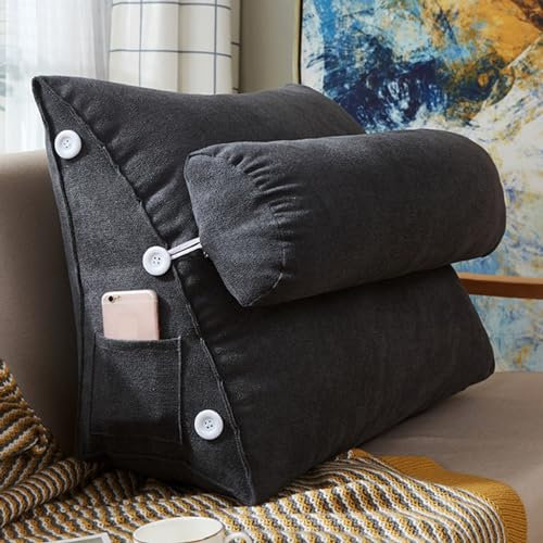 GOFOHIMI Home Dreieck Lesekissen, Keil-Lendenwirbelstützkissen, weiches Rückenstützkissen, Sofa-Taillenkissen, Rückenlehnenrolle, verstellbares Nackenkissen und Tasche,Dunkelgrau，45x22x50cm