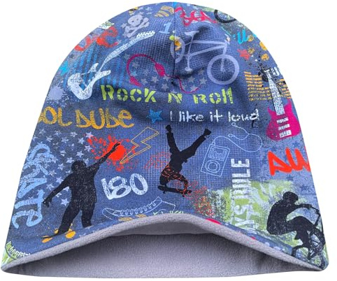 Wollhuhn Öko 20220666 Bonnet d'hiver chaud et douillet pour garçon/fille avec doublure en polaire Différents motifs (en tissus écologiques, bio), Cool Stuff Bleu jean, 52-54