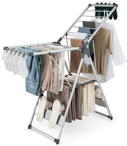 Tangkula Collapsible Clothes Drying Rack, 2-Layer Space-Saving Aluminum Drying Rack w/Adjustable Wings, Folding Laundry Drying Rack for Indoor & Outdoor Use