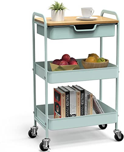 Shrivee 3-Tier Storage Trolley on Wheels and Drawer, All-Purpose Metal Uses Trolley for Office Salon Kitchen Bathroom Office(Green)