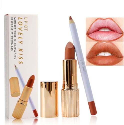 Lippenstift & Lipliner Set, 2 Stück Matt Lipstick Lip Liner Set, Lippenkonturenstift Wasserfest & Langlebig, Velvety Nude Orange Lipstick, Stay On 24 Hours & Non-Stick