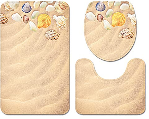 Bad Teppiche Set 3-Teiliges Gelb Lila Muscheln WC Vorleger Mit Ausschnitt Badematte Saugfähig WC Deckelbezug Badvorleger rutschfest Waschbar Toilettensitzbezug Badgarnitur (45x75cm)