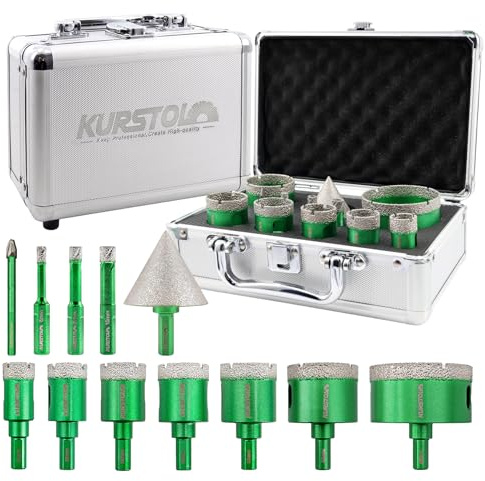 KURSTOL Diamant-Bohrkrone Kit - Dreikantschaft Diamantbohrer 6/8/10/20/25/28/32/35/45/65mm+6mm Exzenterbohrer+50mm Sechskantschaft Fasenfräser für Porzellan Fliese Granit Marmor