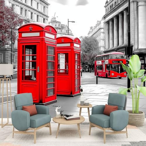 Fotomurales infantiles Cabina telefónica roja y autobús de Londres Papel Tapiz 200 x 140 cm Paisaje urbano Fotomurales 3D Tv Fondo Pared Moderno Dormitorio Murales Fotomurales Decorativos