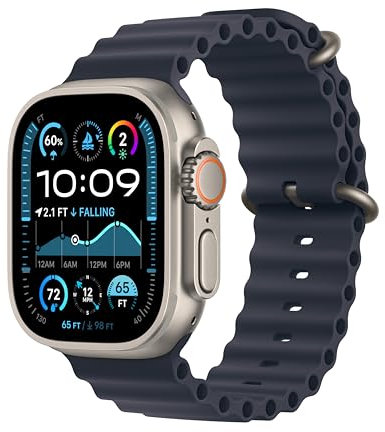 Apple Watch Ultra 2 GPS + Cellular 49mm Smartwatch, Sports Watch with Natural Rugged Titanium Case with Navy Ocean Band. Fitness Tracker, Precision GPS, Extra-Long Battery Life