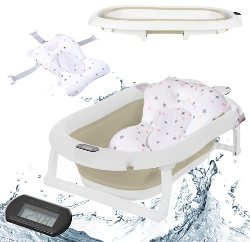 Primabobo Faltbar Babybadewanne, Große Babywanne faltbar, Kinderbadewanne mit Badesitz, für Babys von 0-36 Monaten (Premium Beige (Badekissen, Thermometer), Faltbare Babybadewanne)