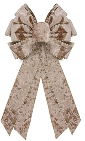 CHMOART Christmas Wreath Bow 20 x 11 Inches Large Christmas Bows Golden Trimmed Champagne Velvet Bow Winter Farmhouse Bow Xmas Tree Topper Bow for Home Front Door Decorations