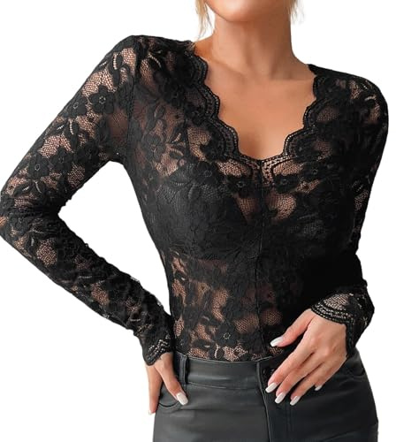 Duohropke Body de encaje para mujer Blusa de encaje transparente ligero con cuello en V profundo Bodies manga larga elegantes bodies de manga larga bodies encaje top de cuello alto, Negro , XL