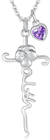 YueYuan Februar Geburtsblume Veilchen Kreuz Halskette 925 Sterling Silber | Christlicher Geburtsstein-Schmuck für Damen, Geschenk zu Geburtstag, Valentinstag, Muttertag und Weihnachten