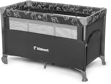 kidnort Näste Reisebett Babybett 3 in 1 Beistellbett mit Matratze Doppelboden Seiteneinstieg Rollen Faltbar Transporttasche mit seitlicher Öffnung und Befestigungsgurten Dunkelgrau