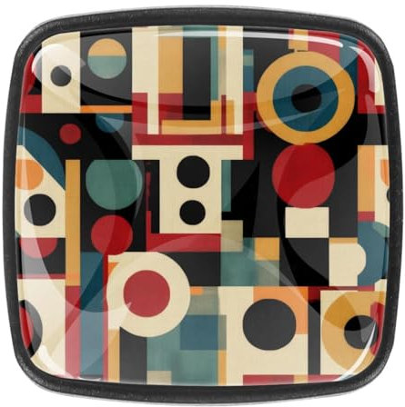 4 pomos para cajones de cómoda, elementos geométricos, fondo de colores retro, ABS, cuadrados, tiradores para gabinetes de cocina, armarios, herrajes para dormitorio