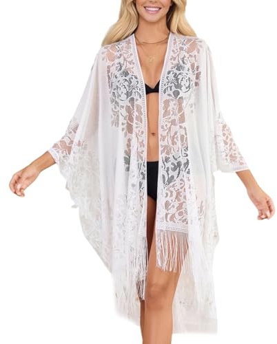 Sahunfri Elegant Lace Beach Coverups for Women, Long Flowy Swimsuit Cover Up Dress, Lightweight Bathing Suit Coverup for Poolside, Plus Size (90x120cm) (UK, Alpha, One Size, Regular, Regular, White)