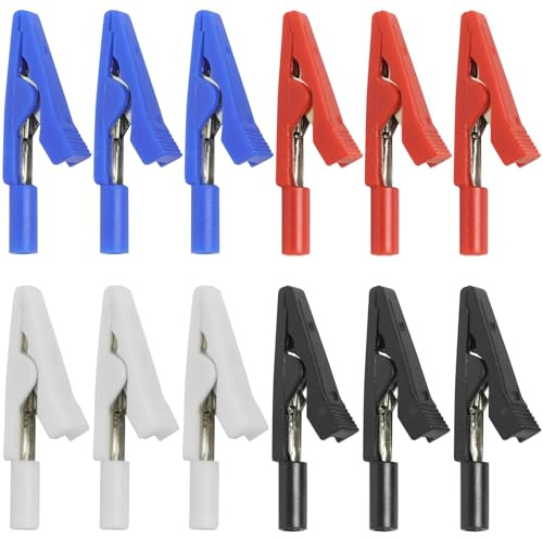 12 Pièces Pince Crocodile Isolée, Pince Crocodile Électrique Fil pour sondes de test de 2 mm et fiches bananes, 4 Couleurs (Noir, Rouge, Bleu, Blanc)