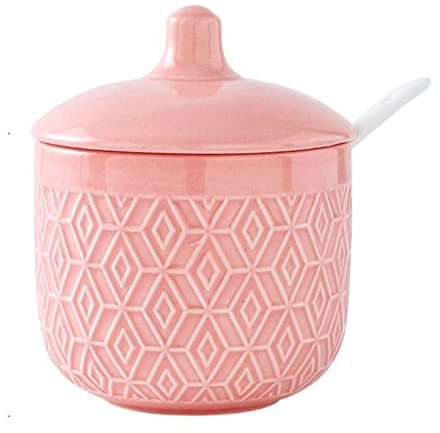 Azucarero, bote para condimentos, azucarero nórdico con tapa, tarro de almacenamiento con entramado en relieve colorido, azucarero de porcelana lisa, salero, para cafetería, restaurante (rosa, 9 x 8 x
