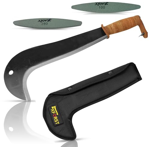 Xforst Roncola Svizzera SWS – Ronca/Pennato da Giardinaggio con Manico in Pelle & Fodero Oxford – Set con 2 Pietre di Affilatura (Grana 100 & 280) – Attrezzo Agricolo & Outdoor 43 cm