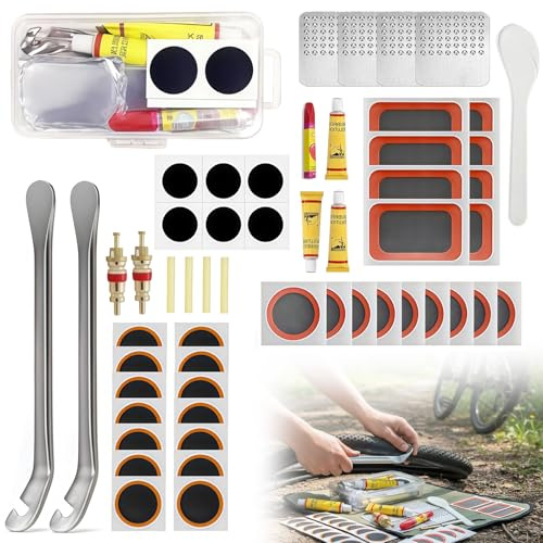 Kit Réparation Vélo 56 Pièces, Kit Crevaison Vélo avec Rustines Auto-Adhésives, Trousse Outils pour Pneu Vélo et Chambre à Air, Multifonction Réparation de Crevaison pour Vélo de Route, VTT, BMX
