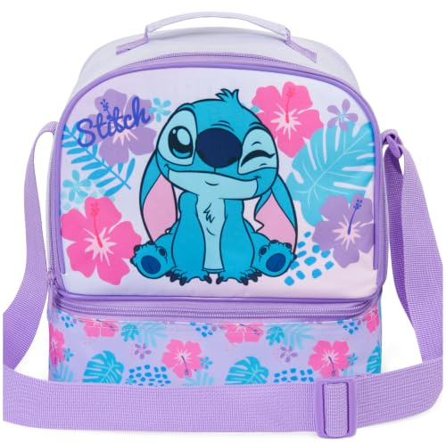 Get Trend Disney Stitch Bolsa de Almuerzo Infantil Aislada, Lunch Bag para Fiambrera con 2 Compartimentos, Asa, Correa Ajustable, Bolsa Térmica Colegio y Picnic, Regalo Niña (Morado Stitch)
