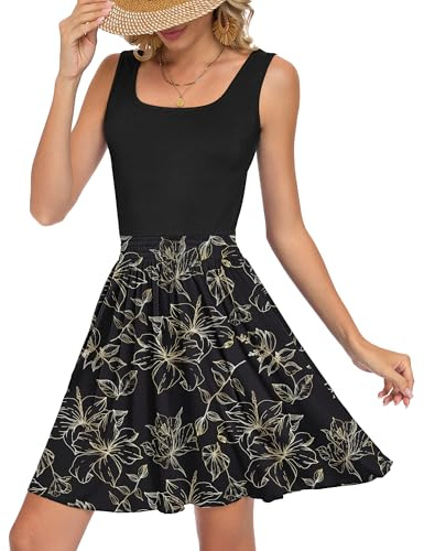 WNEEDU Vestito Donna Senza Maniche Estivo Abito Swing in Linea A Vacanza Colore Patchwork con Scollo a U e Tasche