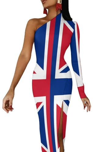 Vestido largo de media manga con abertura y hombros descubiertos para mujer, con la bandera de Inglaterra, vestido de cóctel, Estilo:, XS