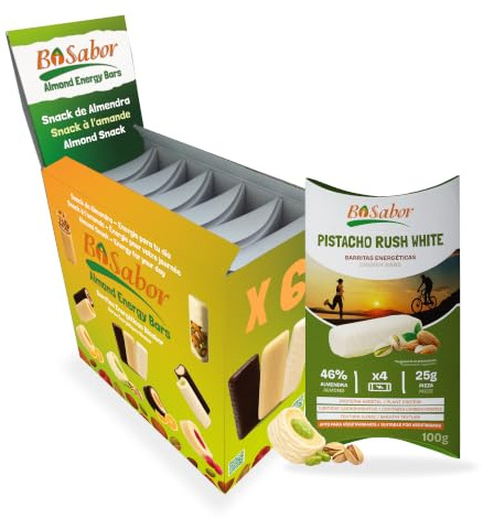 Barritas Energéticas de Almendra Rellenas de Pistacho con cobertura blanca – Pack Ahorro 24 Barritas (6 Estuches)