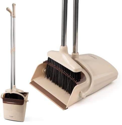 Crystals Long Handled Broom with Dustpan, Upright Dustpan and Brush Set, Indoor Floor Sweeping Brush for Dust, Dirt & Pet Hair, Grey