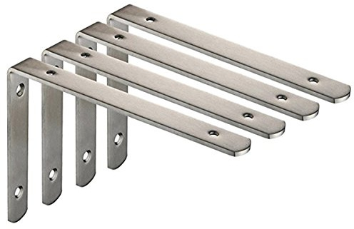 Deezio rostfritt stål kraftig L-formad hörnstöd ledvinkelfäste hyllfästen, borstad nickel, paket med 4 (250 x 150 x 4 mm)