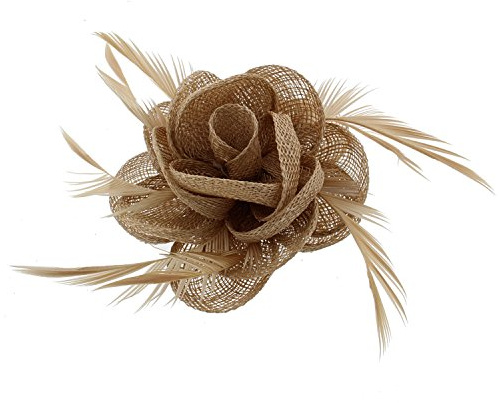 Caramel Rose Net Fascinator with Feathers on Clip & Brooch Pin