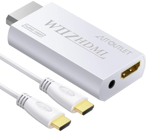 AUTOUTLET Adaptador Wii a HDMI, Convertidor Wii Hdmi 1080P / 720P Full HD, con Salida de Audio y Video de 3,5mm y Cable HDMI de 1m, para Nintendo Wii, Monitor de TV, Proyector, Televisión, Blanco