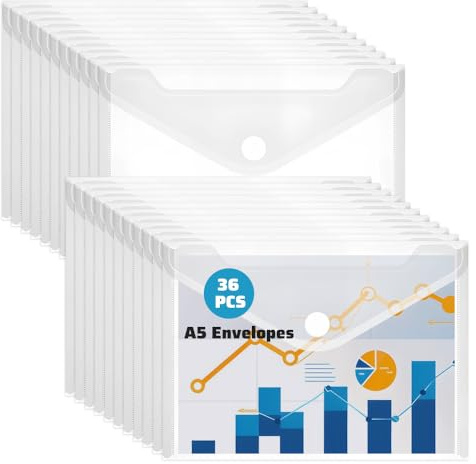 DECARETA 36 Pcs Dokumententasche A5 Dokumentenmappe Transparent Sammelmappe PP Durchsichtige Dokumenten Mappen Sichttasche mit Wasserdichtem Polypropylen Druckknopf für Datei Papier Büro Schule | PP Durchsichtige Dokumenten Mappen Sichttasche mit Wasserdichtem Polypropylen Druckknopf für Datei Papier Büro Schule