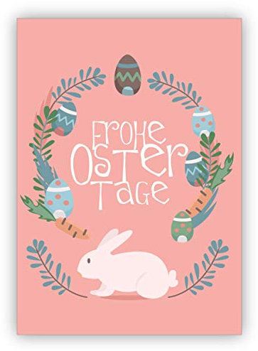 Kartenkaufrausch Im 5er Set: Schöne Osterkarte mit Häschen Osterkranz und Eiern auf rosa: Frohe Ostertage