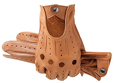 LIBO Fahrhandschuhe aus echtem Leder für Herren und Damen, ungefüttert, Vollfinger-Motorradhandschuhe, Knopfverschluss (kein Touchscreen), Champagner, 6.5